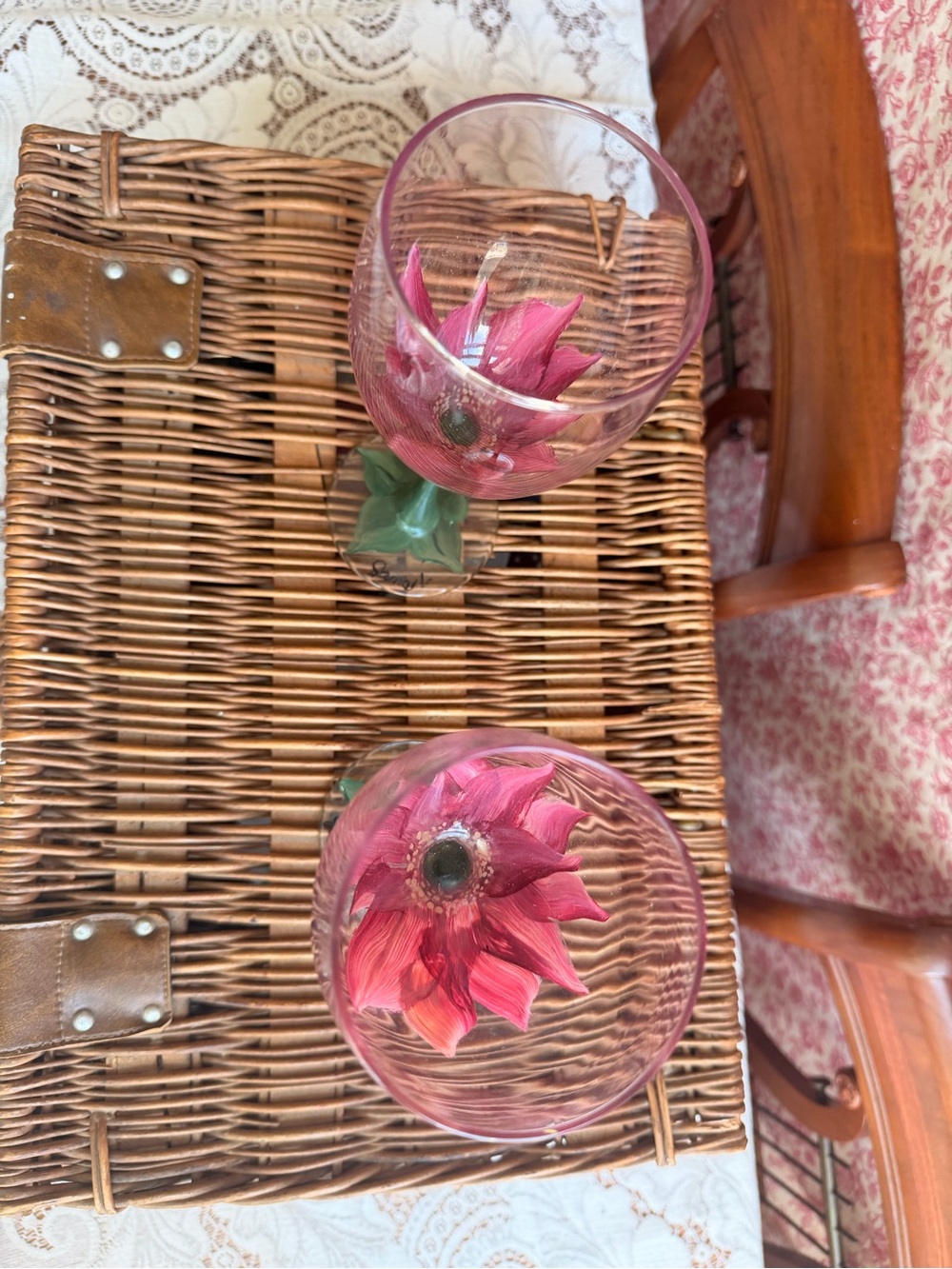 Hand-Painted Floral Wine Glasses - Pink & Green - Picture 2 of 5